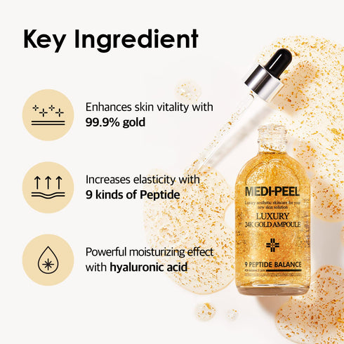 MEDI-PEEL 24K Pure Gold Ampoule 3.38 fl.oz / 100ml | 99.9% Gold, 5 Extracts for Moisture Loss & Brightening | Korean