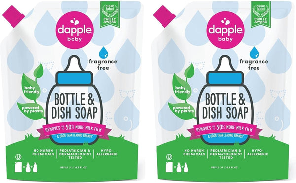Dapple Baby Bottle and Dish Liquid Refill, Plant Based, Hypoallergenic, 34 Fl Oz, Pack of 2