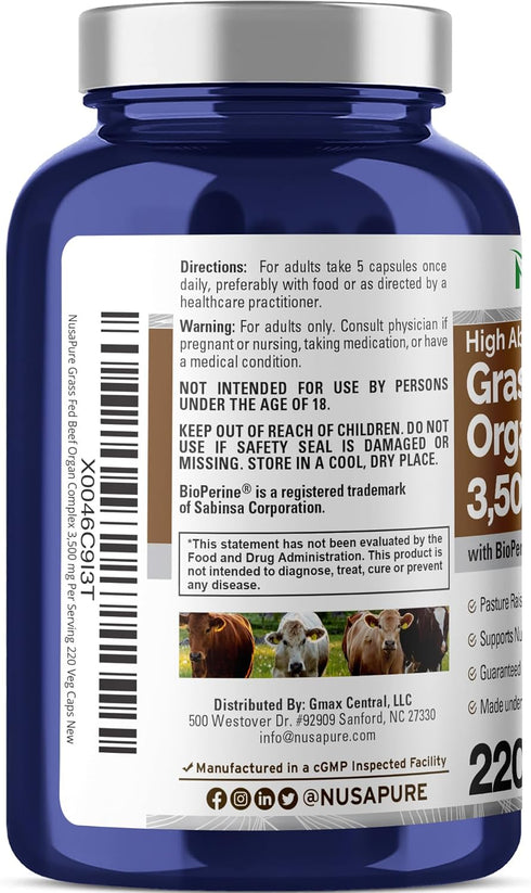 NusaPure Grass Fed Beef Organ Complex with Desiccated Liver, Kidney, Pancreas, Heart, Spleen, 220 Capsules