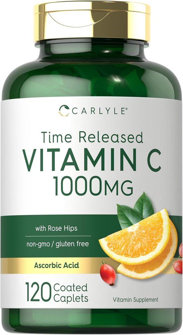 Carlyle Vitamin C 1000mg, Timed Release, 120 Vegetarian Caplets with Rose Hips, Non-GMO & Gluten Free Supplement
