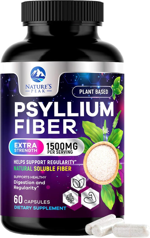 Psyllium Husk Powder Caps, 1500mg, Non-GMO Natural Soluble Fiber for Digestive Health, Vegan Supplement, 60 Capsules