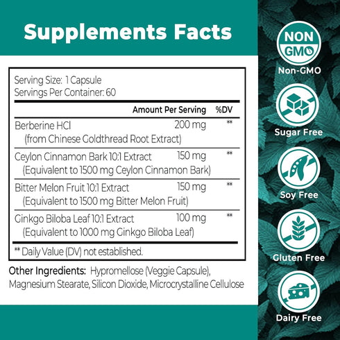 4-in-1 Berberine Supplement 1500mg 60 Capsules for Glucose Support, Immunity, Gut & Heart Health