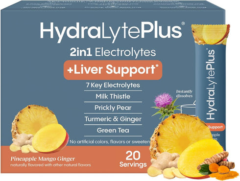 Hydralyte Liver Support + Electrolyte Mix with Milk Thistle, Turmeric, Ginger, 20 Packets - Pineapple Mango