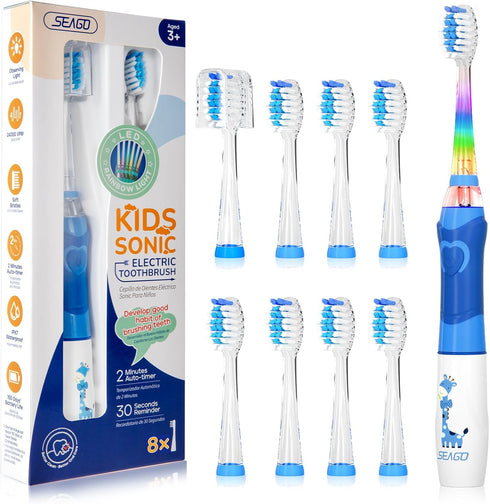 SEAGO Kids Electric Toothbrush with 2 Mins Timer and 8 Replacement Brush Heads, Rainbow LED Light, Blue