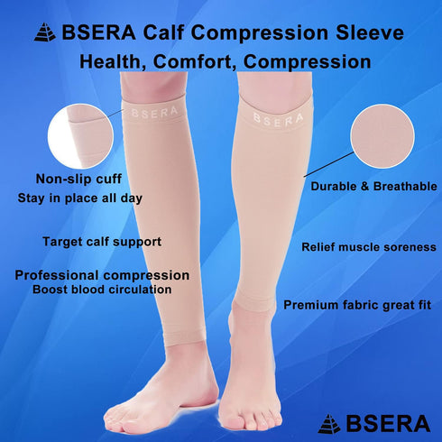 BSERA Calf Compression Sleeve Women, 2 Pairs 15-20mmHg Support Footless Compression Socks for Shin Splints