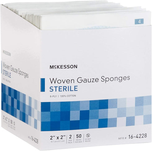McKesson 8-Ply Sterile Gauze Sponges, 2" x 2", 50 Packs Total 100 Sterile Sponges