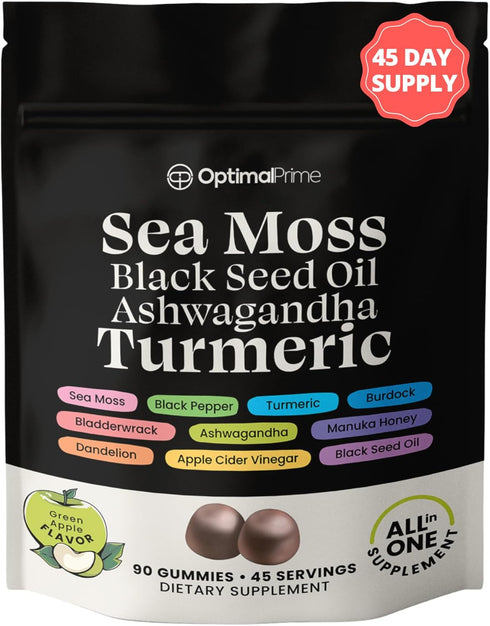 Optimal Prime Sea Moss Gummies, 3000mg Sea Moss, 2000mg Black Seed, 1000mg Ashwagandha, 90 Vegan Gummies