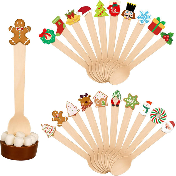 RunNico 40 Pcs Christmas Hot Chocolate Wooden Spoons, 5.6'' Christmas Disposable Stirring Spoons