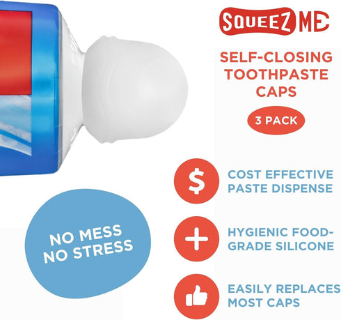 Chrome Cherry SqueezMe Self-Closing Toothpaste Caps, No Mess Dispenser, Easy Squeezer Cap, Pack of 3, Clear