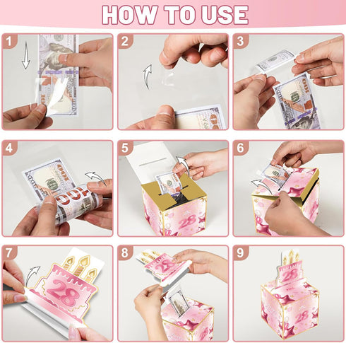 Joycard 28th 28 28th 35PCS Birthday Money Box for Women or Her, Years Old Birthday Decorations, Fun Pull-Out Cash Gift