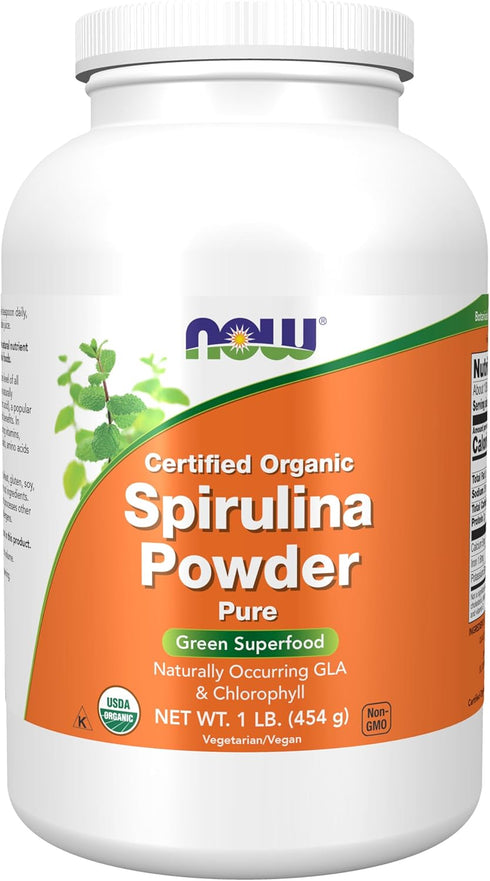 NOW Supplements Certified Organic Spirulina Powder - Rich in Beta-Carotene and B-12, 1-Pound