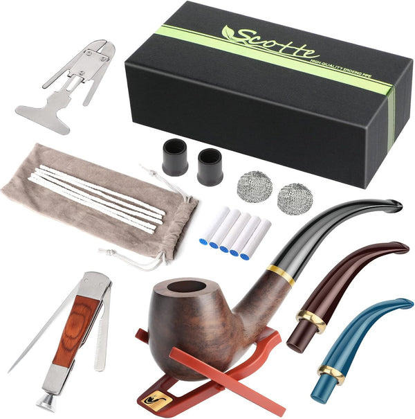 Scotte Handmade Wood Pipe Kit with Replaceable Pipe Stem and Accessories in Gift Box (Black & Brown)