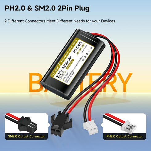 Palowextra 3.7V 5600mAh ICR18650 Pack SM2.0 PH2.0 2P Lithium ion Rechargeable Battery with Connector Plug for DIY