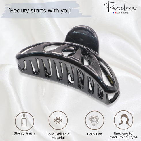 Parcelona Large Black Covered Spring Celluloid Jaw Hair Claw Clip, 4 Inch, Rain Drop Design