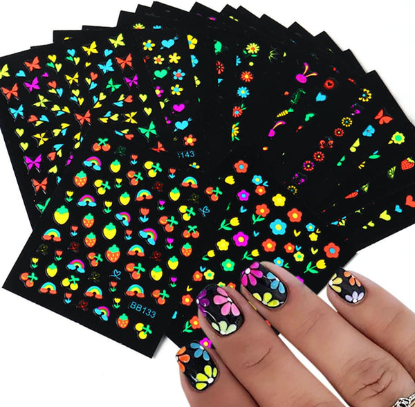 24 Sheets Fluorescent Nail Art Stickers - Colorful Flower 3D Self-Adhesive Nail Decoration