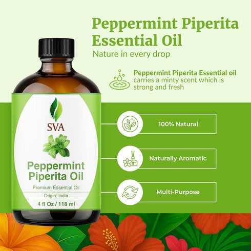 SVA Peppermint Piperita Essential Oil – 4 Fl Oz – 100% Natural for Diffuser, Hair Care, Skin Care, Aromatherapy