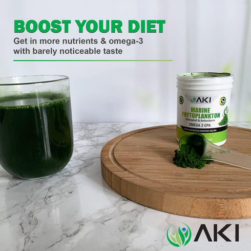 AKI Marine Phytoplankton Powder - Source of Raw Omega-3 EPA Micro Algae for Overall Wellness, Vegan & GMO Free (2 Oz /