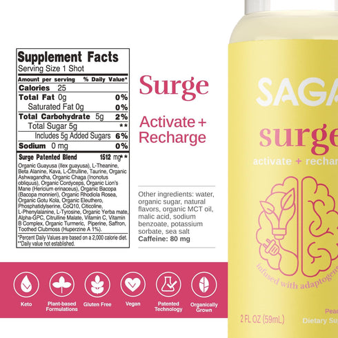 SAGA Organic Energy Shots, Nootropics & Mushrooms - CoQ10 & Ashwagandha, 2oz Peach Mango Shots (6-Pack)