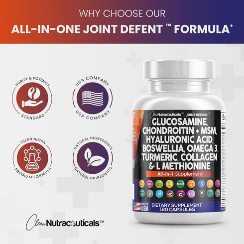 Clean Nutraceuticals Joint Support Supplement - Glucosamine Chondroitin MSM Turmeric with Omega 3 & 120 Count Capsules
