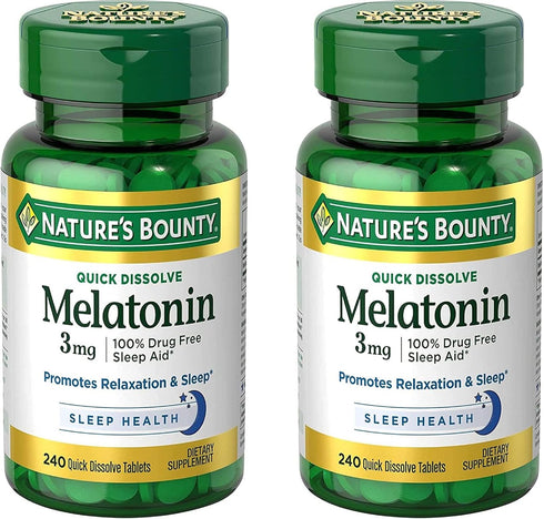 Nature's Bounty Melatonin 3mg, 100% Drug Free Sleep Aids for Adults, 240 Count (Pack of 2)
