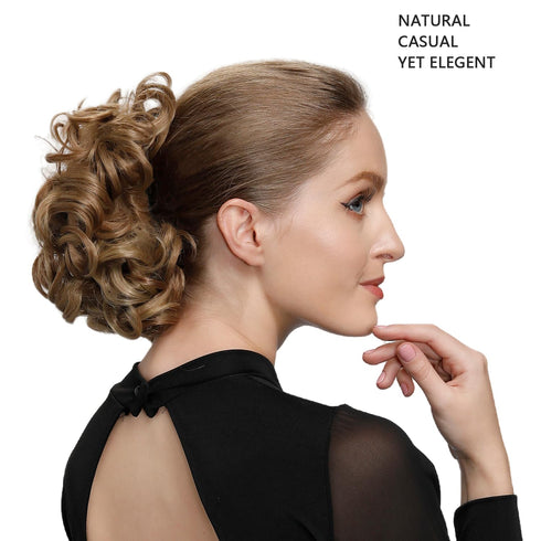 Rose Bud Chignon Hairpiece, Curly Bun Extensions Scrunchie Updo Synthetic Combs for Women, Medium Brown