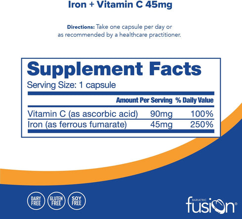 Bariatric Fusion Iron Supplement 45mg with Vitamin C | 1 Per Day | Vitamins for Women and Men | Gluten, Dairy and Soy Free | Non-GMO | 60 Count