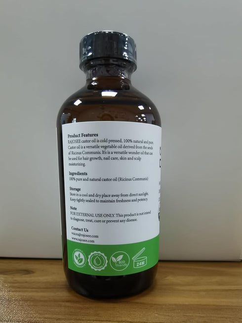 RAJOSEE 32Pcs Pack 8oz, Castor Oil with Castor Oil Organic Cold Pressed Glass Bottle Cotton Caster Oil Wrap for Waist