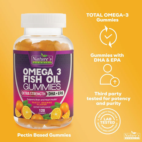 Omega 3 Fish Oil Gummies - 120 Gummies, Extra Strength DHA & EPA for Joint, Heart & Brain Support, Orange Flavor