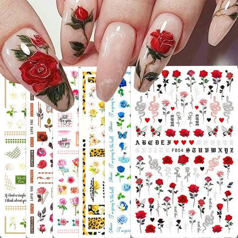 Flower Nail Art Stickers Decals 6 Sheets, Spring Rose 3D Self-Adhesive Nail Stickers for Women