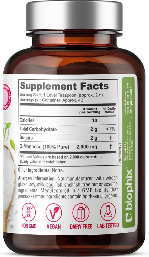 biophix Pure Mannose 100 Percent Powder, 2000 mg, 3 oz - Supports Urinary Bladder Tract Health