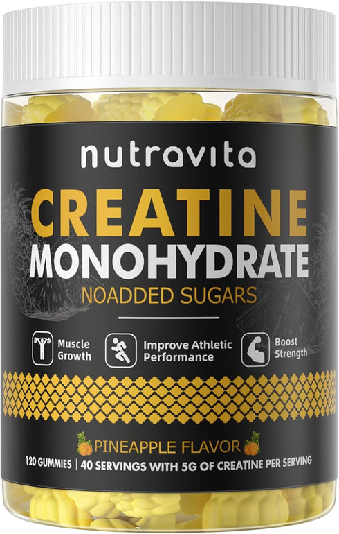 Creatine Monohydrate Gummies, 5g per Serving, Sugar Free, Vegan, Pineapple Flavor, 120 Count for Men & Women