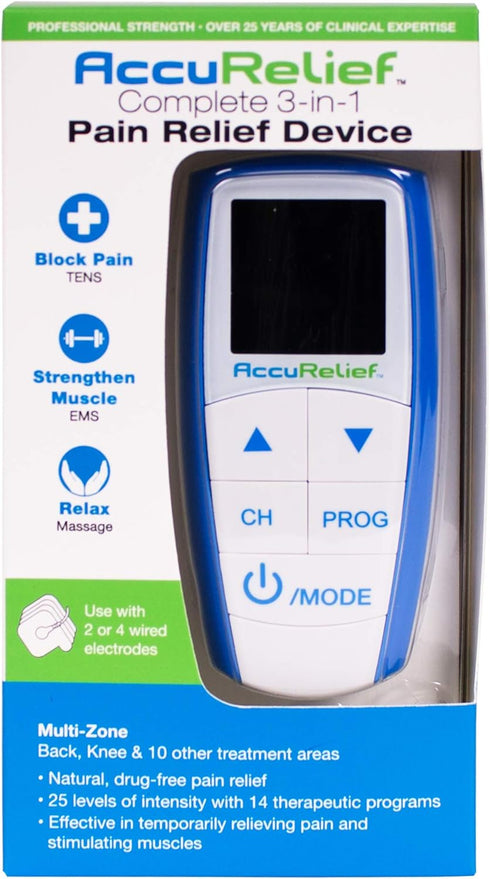 AccuRelief Complete 3-in-1 TENS Unit, EMS Massager Device for Pain Relief, Electric Muscle Stimulator with 4 Electrodes