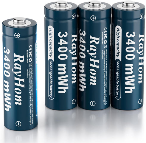 RayHom 4 Pack AA Lithium Rechargeable Batteries, 3400mWh High Capacity, 1.5V Constant Output,