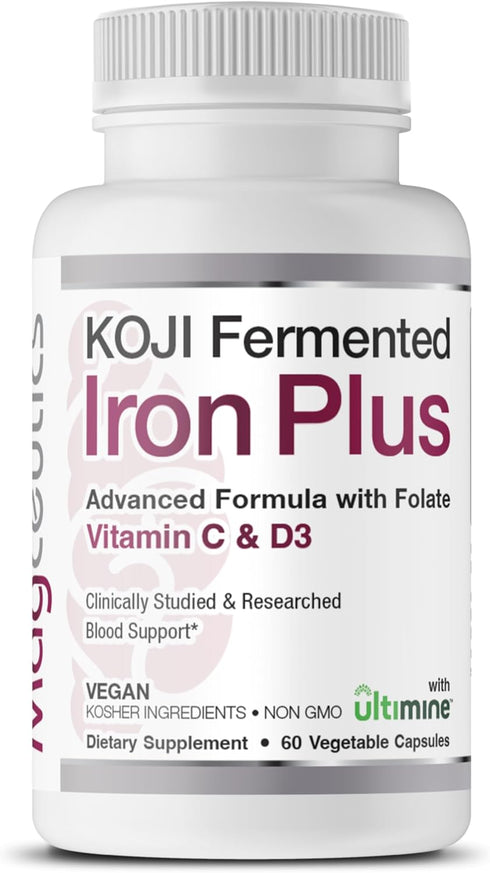 Koji Fermented Iron Plus, Iron Supplement with Vitamin C, D3, Folate for Blood Support, 60 Capsules