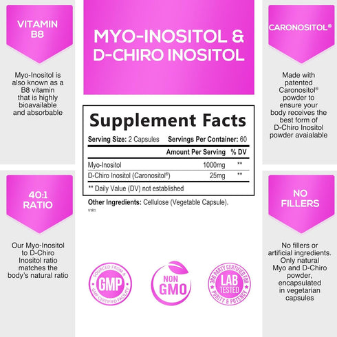 Myo-Inositol & D-Chiro Inositol Blend | Hormone Support for Women | Premium 40:1 Ratio, Ovarian Health Support | Myo Inositol Vitamin B8 | Inositol Supplement - 120 Capsules (60 Day Supply)
