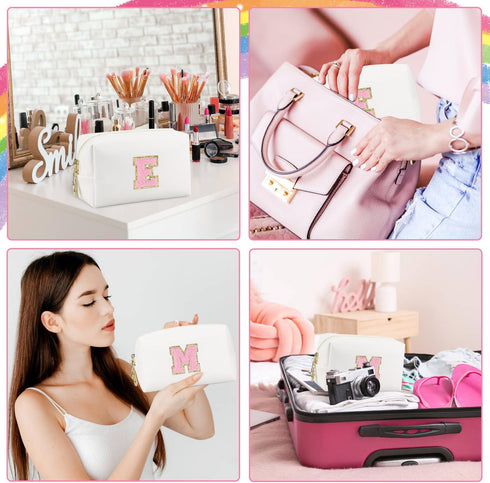 Initial Makeup Bag Personalized Waterproof PU Leather Chenille Letter Cosmetic Bag, Portable Travel Toiletry Bag