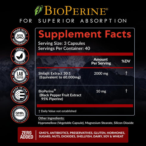Pure Himalayan Shilajit Capsules Supplement, 120 Pills - 60,000mg+ Absorption Enhancer with 85+ Trace Minerals