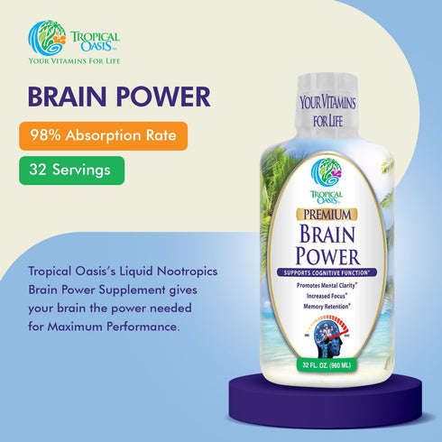 Tropical Oasis - Brain Power Liquid Nootropic Supplement for Mental Clarity, Focus, and Memory Retention (Unflavored,