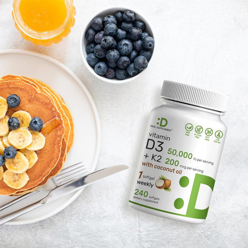DEAL SUPPLEMENT Vitamin D3 50,000 IU + K2 MK7 - 240 Softgels with Virgin Coconut Oil for Heart & Bone Health