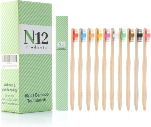 N12 Family-Friendly Pack of 10 Bamboo Toothbrushes, Multicolored BPA-Free Bristol, Eco-Friendly, Biodegradable Oral Care
