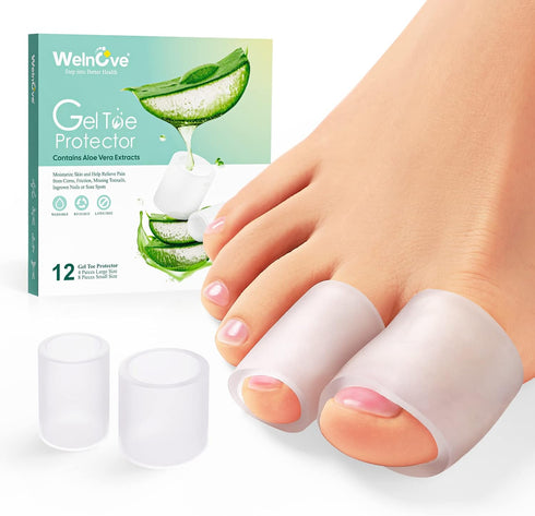 Welnove Toe Protectors – 12-Pack Aloe Vera Infused Silicone Toe Sleeve Covers for Pain Relief