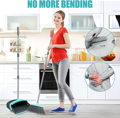 Upgrade Broom and Dustpan Set, Silicone Broom with Long Handle and Upright Standing Dustpan, Squeegee for Indoor