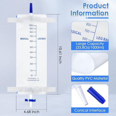 5 Pack 33.8oz/1000ml Leg Bag Urinary Drainage Bag with Cloth Straps, Catheter Leg Bags with Anti Reflux Valve for Men, Urine Collection Bag for Male, Easy Flip Drain