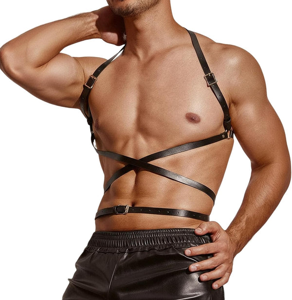 ROIEIIR Mens Leather Restraint Body Harness, Punk Gothic Chest Harness with Adjustable Waist