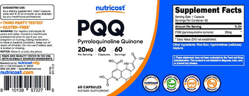 Nutricost PQQ (Pyrroloquinoline Quinone) 20mg, 60 Vegetarian Capsules, Non-GMO, Gluten Free