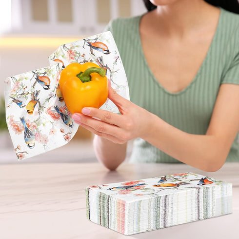 Outus 100 3 Summer Pcs Spring Floral Bird Guest Napkins Ply Vintage Themed Guest Towels Flower and Bird Fancy Napkins