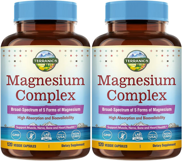 Terranics 5-in-1 Magnesium Complex Supplement 500mg, High Absorption Magnesium for Sleep, Muscle, Heart Health, 240