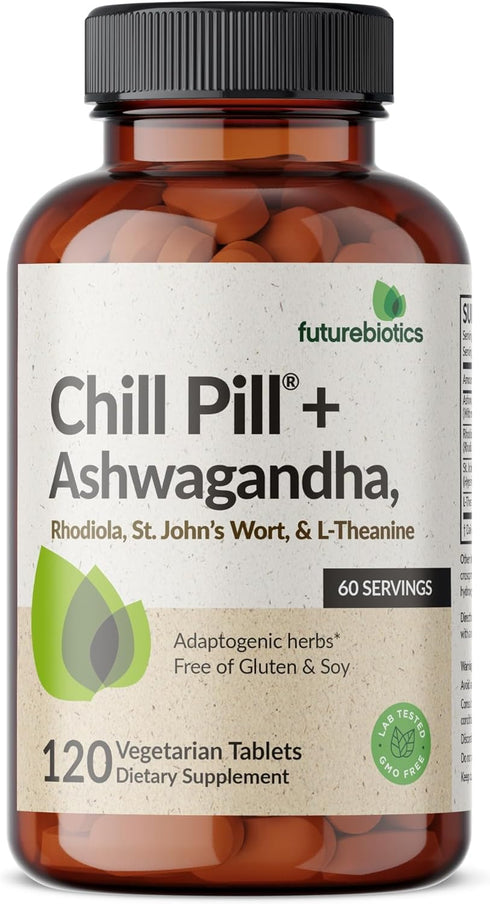 Futurebiotics Chill Pill + Ashwagandha, Rhodiola, St. John’s Wort & L-Theanine 2000 MG | 120 Vegetarian Tablets