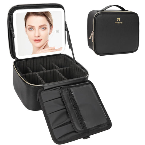 Relavel Travel Makeup Bag with LED Mirror, Cosmetic Train Case, Portable Makeup Artist Organizer with Adjustable
