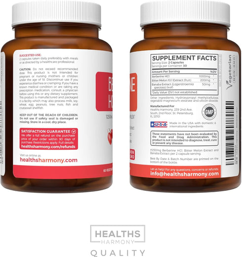 Berberine Supplement 60 Caps with HCL, Bitter Melon & Banaba Leaf Extract, 500mg Each, 1000mg Per Serve, Non-GMO